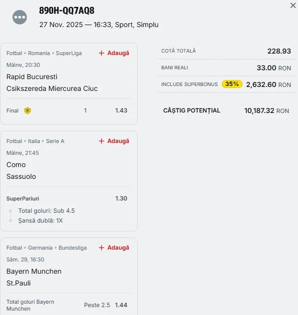 Bilet pariu șansă Superbet 28.11.2025