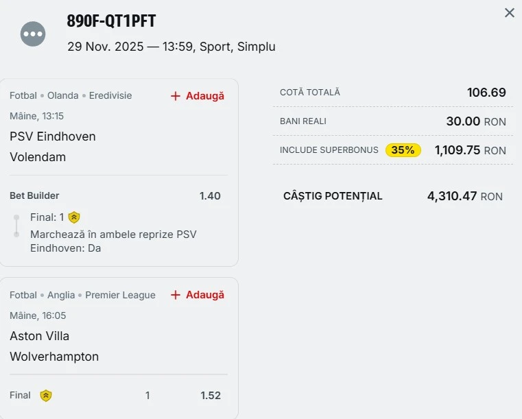 Bilet pariu șansă Superbet 30.11.2025