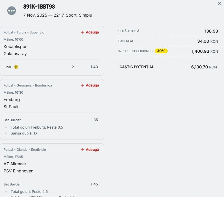 Bilet pariu șansă Superbet 9 noiembrie 2025