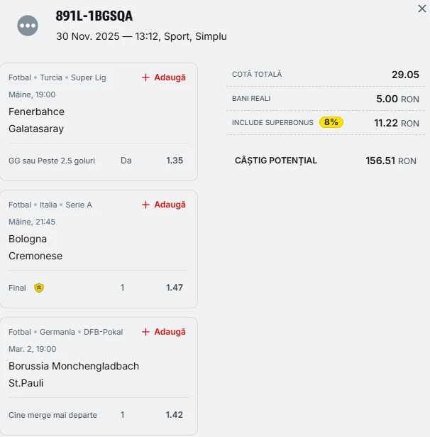 Bilet săptămânal din fotbal 1 decembrie 2025