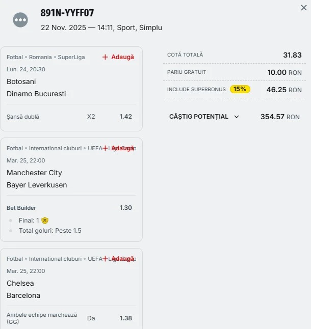 Bilet săptămânal din fotbal 24 noiembrie 2025