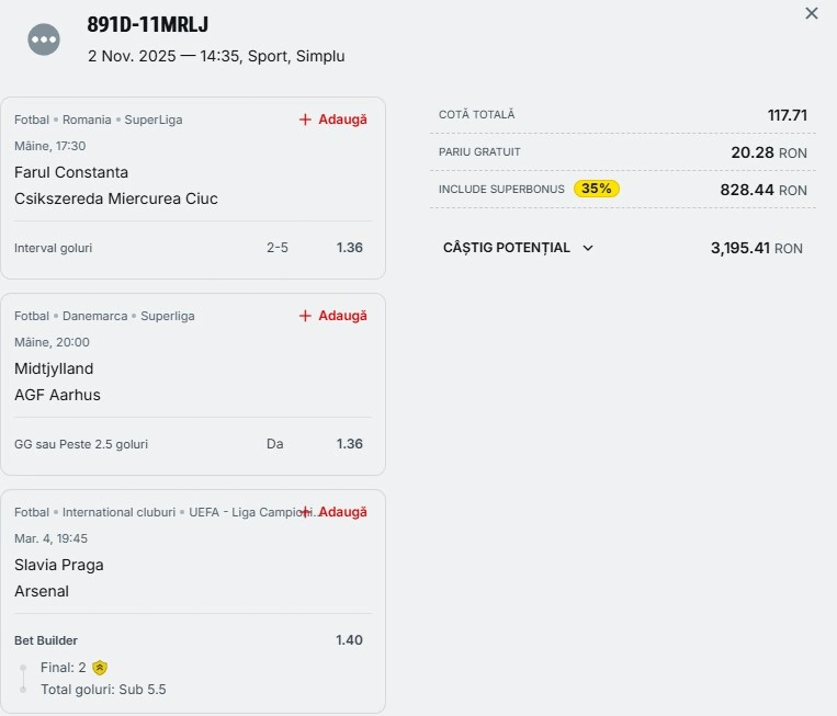 Bilet săptămânal din fotbal 3 noiembrie 2025