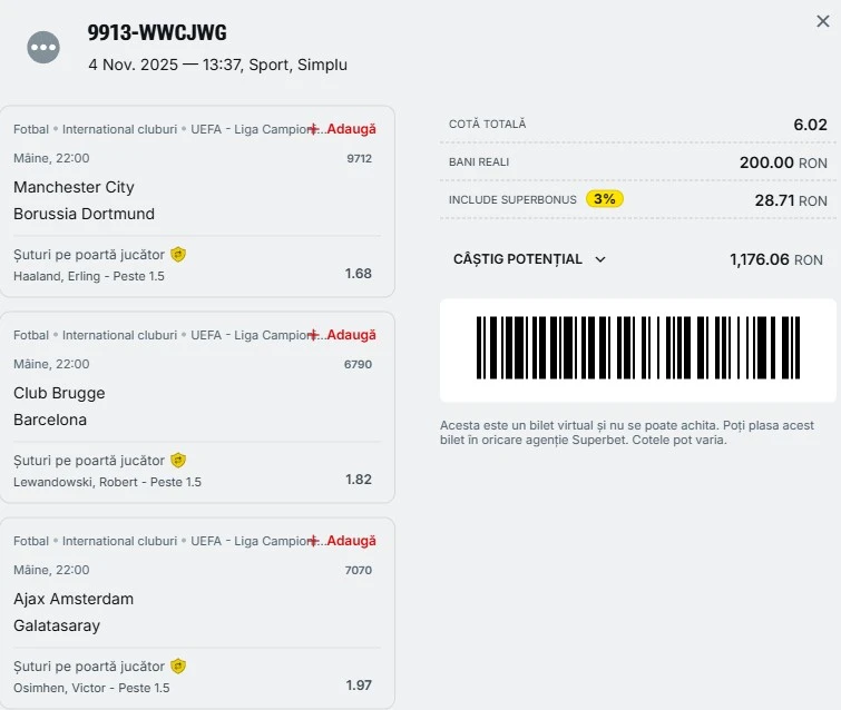 Biletul zilei azi din Champions League 05.11.2025