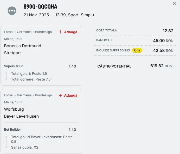 Biletul zilei azi din fotbal 22.11.2025