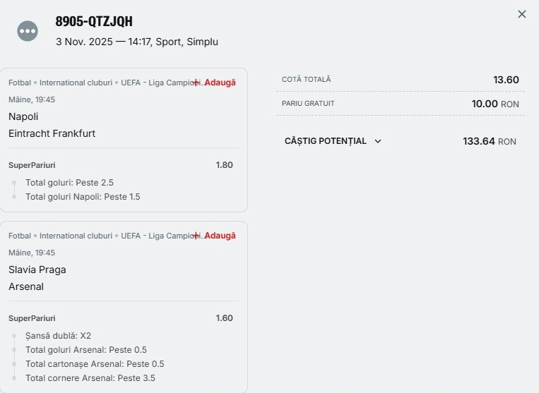 Biletul zilei din Champions League 04.11.2025