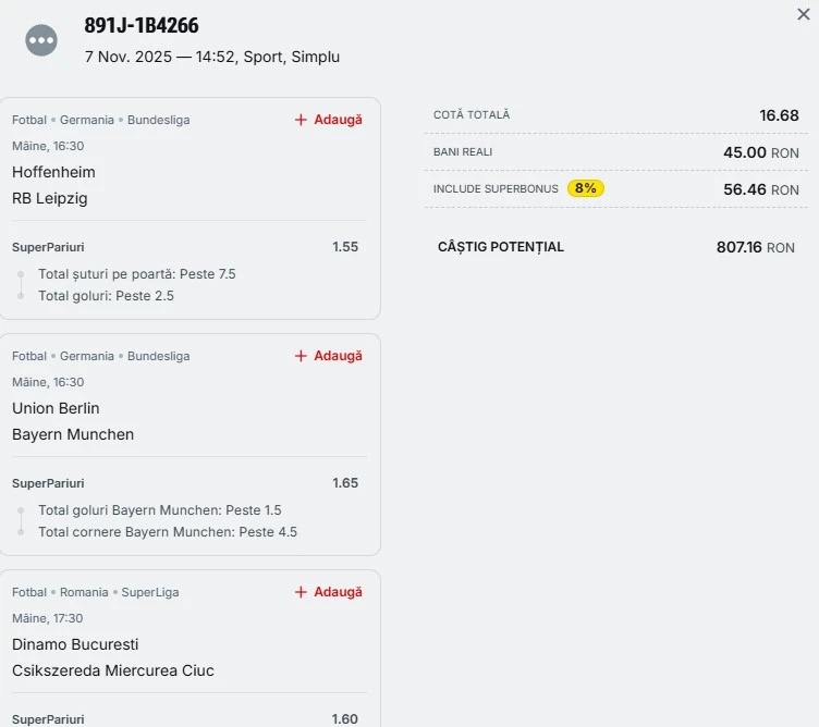 Biletul zilei din fotbal 08.11.2025