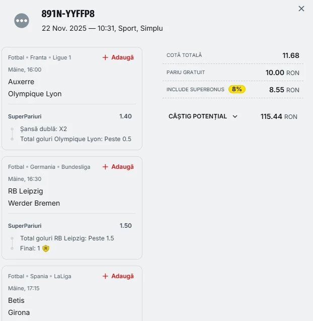 Biletul zilei din fotbal 23 noiembrie 2025