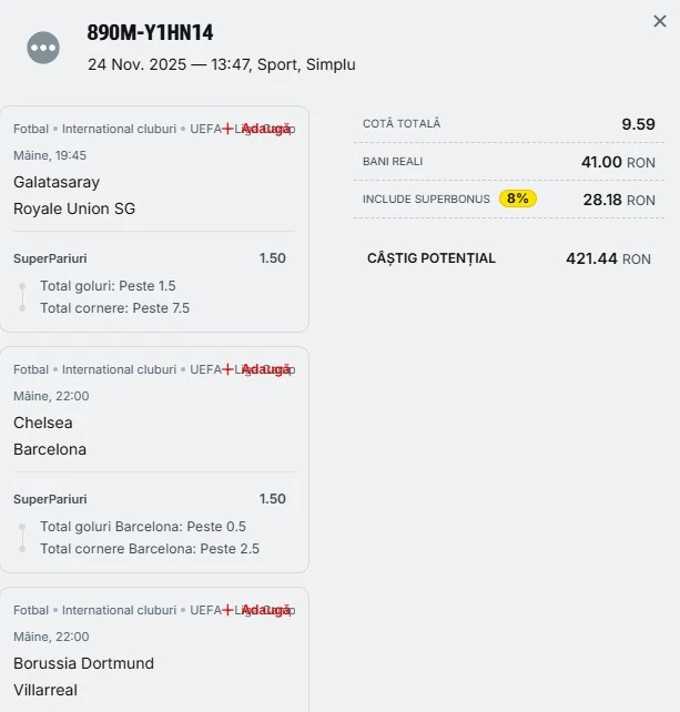 Biletul zilei din fotbal 25 noiembrie 2025