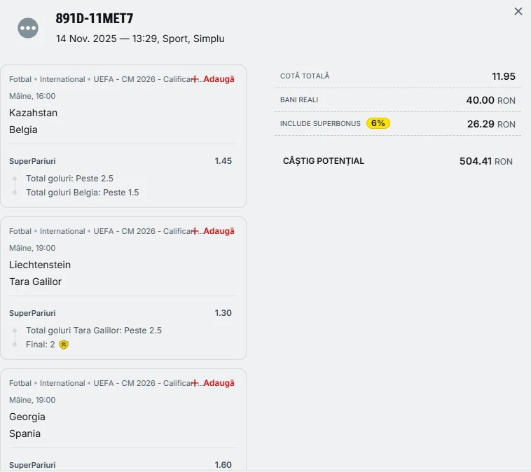 Biletul zilei din Preliminariile CM 2026 - 15 noiembrie 2025