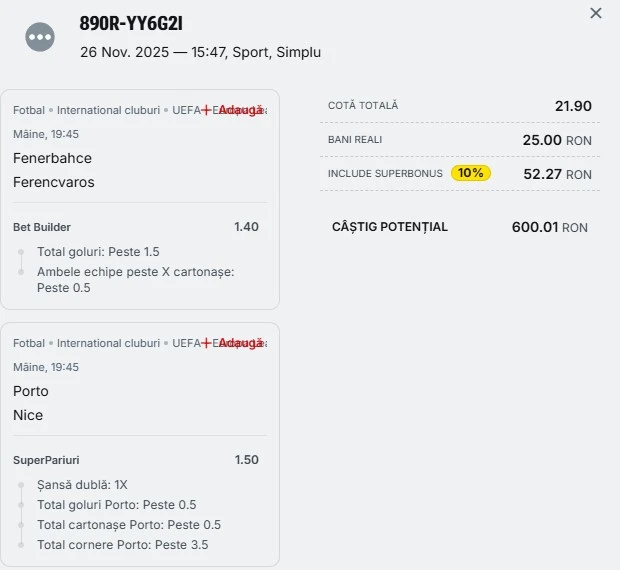 Biletul zilei din Superpariuri 27.11.2025