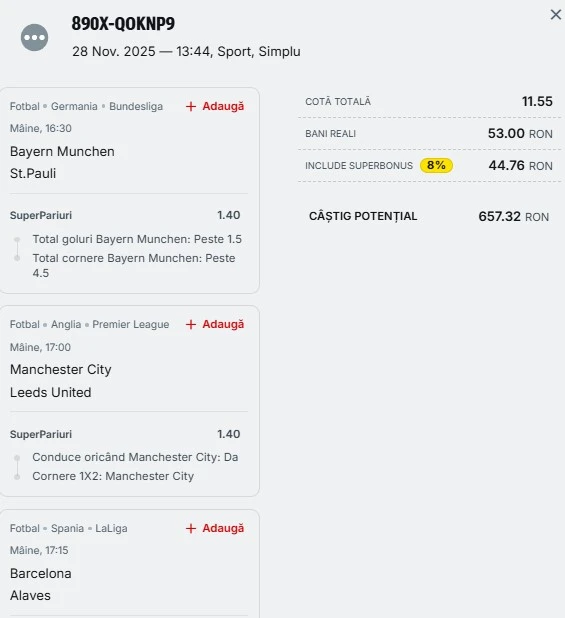 Biletul zilei din Superpariuri 29.11.2025