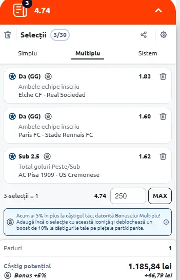 Biletul Zilei pe goluri plasat cu AI pe 07.11