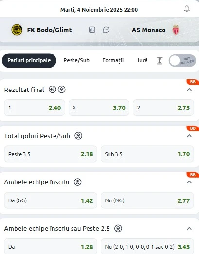 Cote pariuri Bodo/Glimt vs AS Monaco