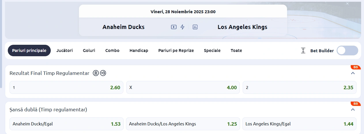 cote Anaheim vs Los Angeles - NHL