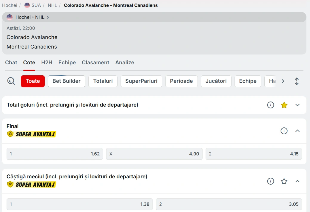 cote Colorado Avalanche vs Montreal Canadiens - NHL