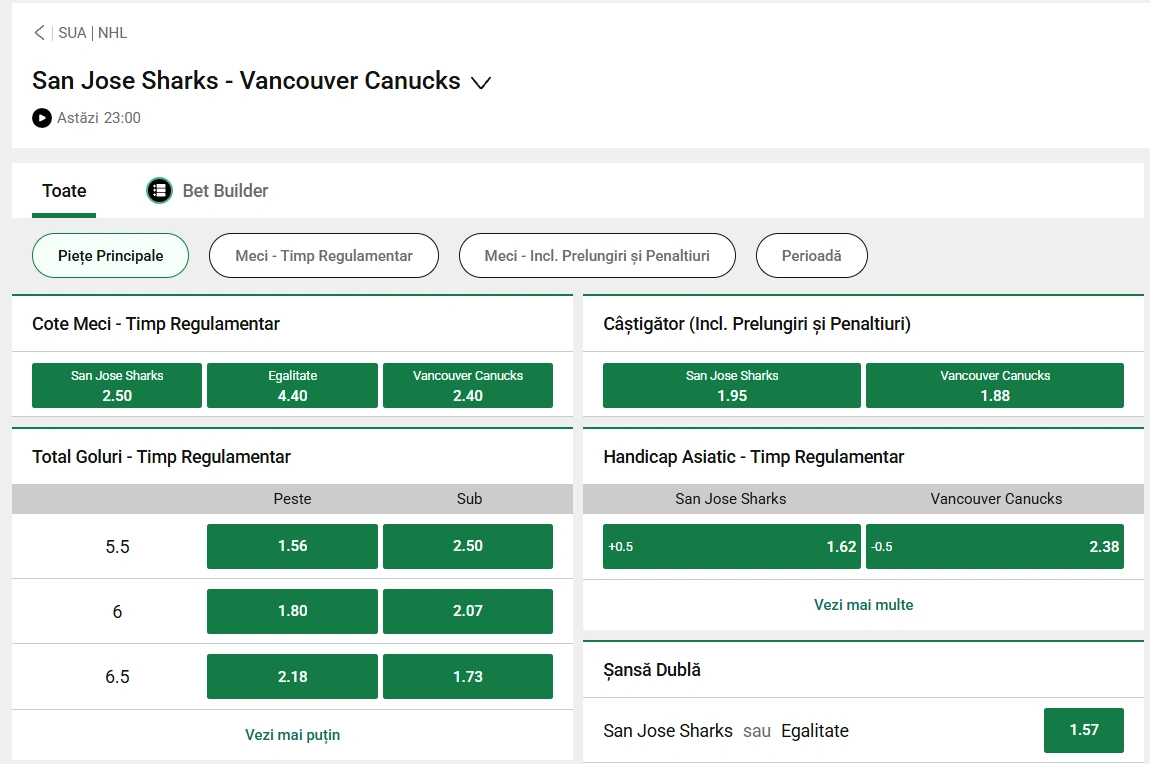 cote San Jose Sharks vs Vancouver Canucks - NHL