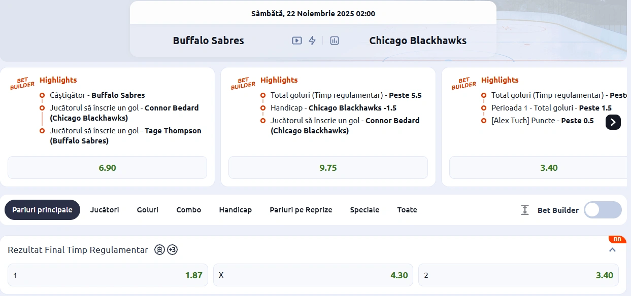 Cote pariuri Buffalo Sabres vs Chicago Blackhawks - NHL