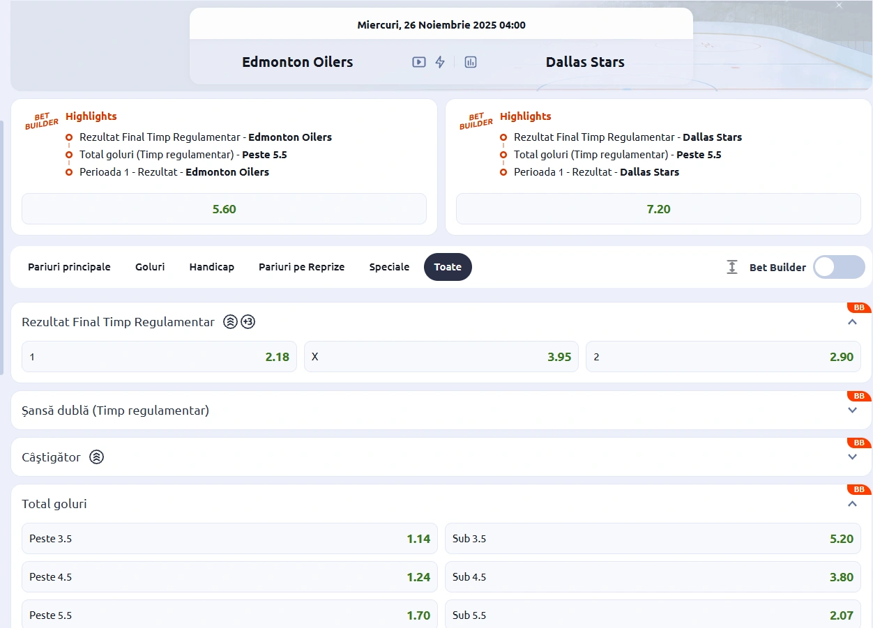 cote pariuri Edmonton vs Dallas - NHL