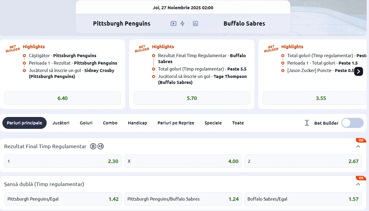 cote pariuri Pittsburgh vs Buffalo - NHL