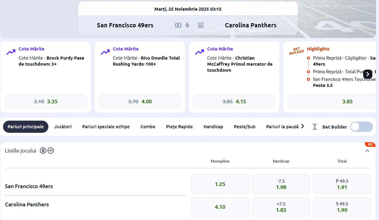 cote pariuri San Francisco 49ers vs Carolina Panthers - NFL
