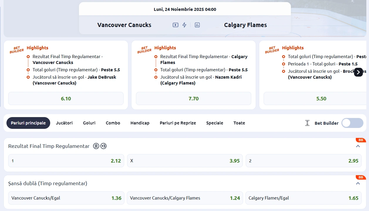 cote pariuri Vancouver Canucks vs Calgary Flames - NHL