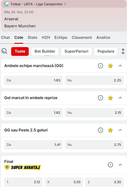 Cote pariuri Arsenal - Bayern oferite de Superbet