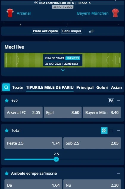 Cote pariuri Arsenal - Bayern la Mr Bit