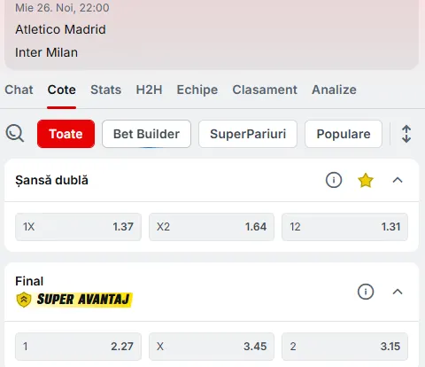 Cotele la pariuri pentru Atletico Madrid - Inter, la Superbet