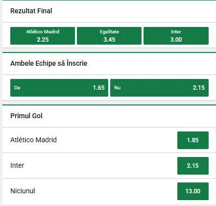 Cum arată cotele la pariuri în Atletico Madrid - Inter la Unibet?