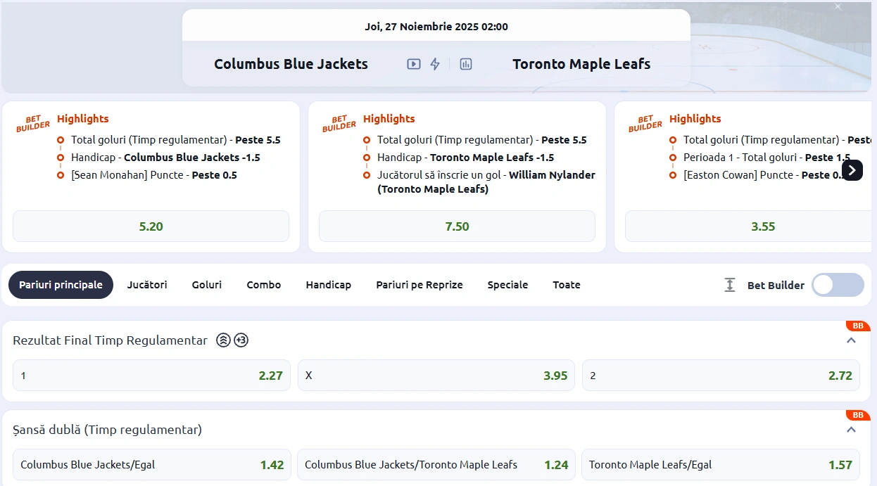 cote pariuri columbus vs toronto - NHL