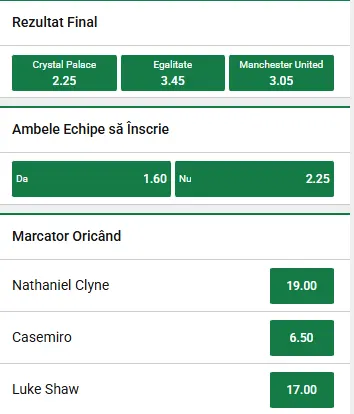 Cote pariuri Crystal Palace - Manchester United la Unibet