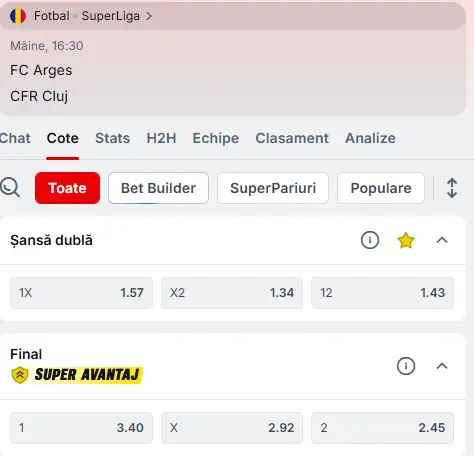 Cote pariuri FC Argeș vs CFR Cluj oferite de Superbet