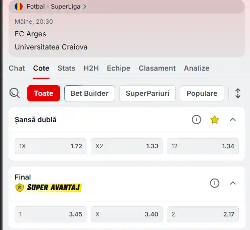 Cote pariuri FC Argeș vs Universitatea Craiova la Superbet