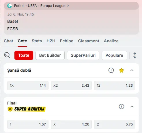 Cum arată cotele pentru FC Basel - FCSB la Superbet?