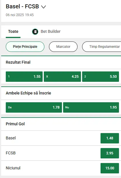Cote la pariuri FC Basel - FCSB oferite de Unibet