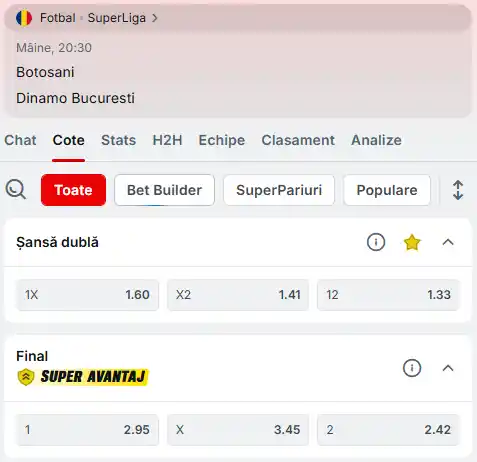 Cote pariuri FC Botoșani vs Dinamo oferite de Superbet