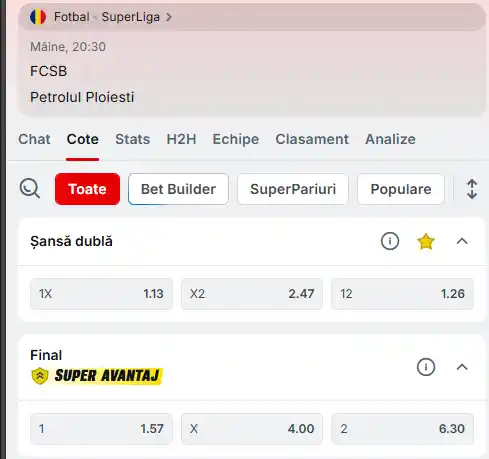 Cote pariuri FCSB vs Petrolul Ploiești oferite de Superbet