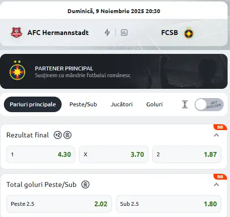 Cote pariuri Hermannstadt - FCSB la Betano