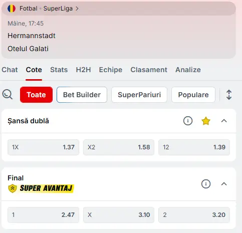 Cote pariuri Hermnanstadt - Oțelul Galați la Superbet