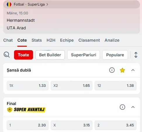 Cote pariuri Hermannstadt vs UTA Arad la Superbet