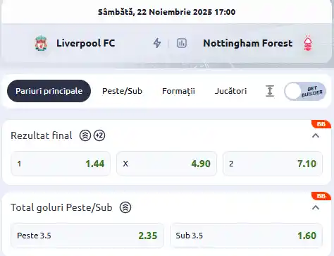 Cote Pariuri Liverpool vs Nottingham la Betano