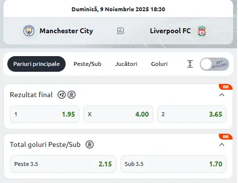 Cote Pariuri Manchester City - Liverpool la Betano