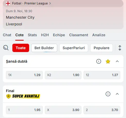 Cotele la pariuri pentru Manchester City - Liverpool, la Superbet