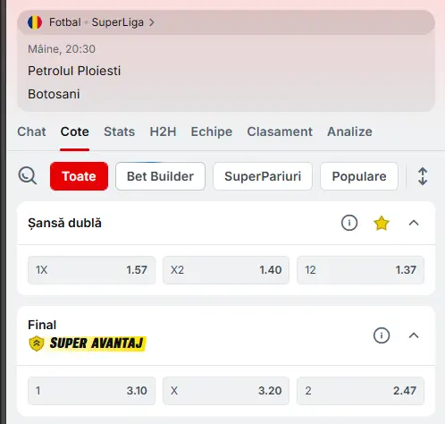 Cote Pariuri Petrolul Ploiești - FC Botoșani la Superbet