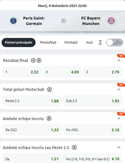 Cote pariuri PSG - Bayern de la Betano