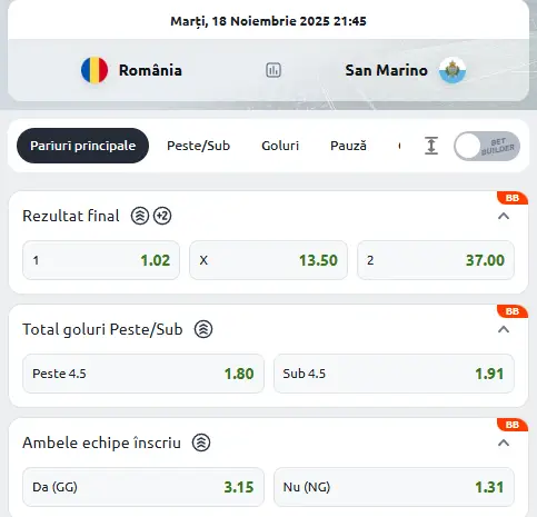 Oferta de cote pariuri pentru România - San Marino la Betano