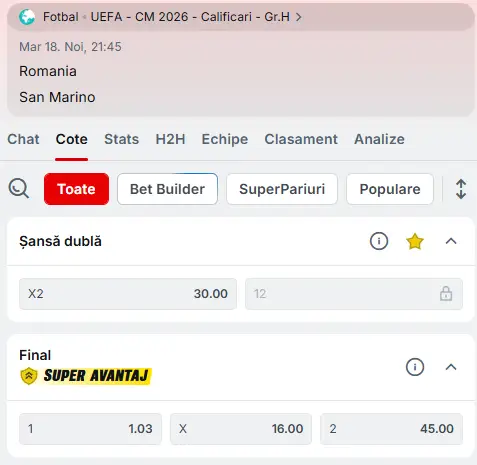 Cote Pariuri România - San Marino la Superbet