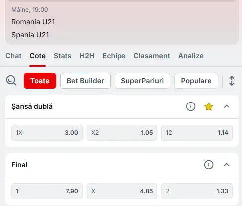 Cote Pariuri România U21 vs Spania U21 la Superbet