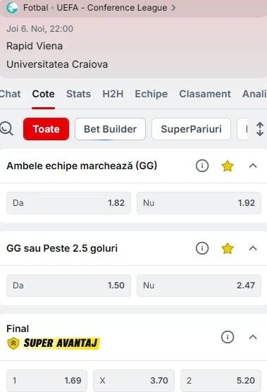 Cote pariuri SK Rapid - Universitatea Craiova oferite de Superbet
