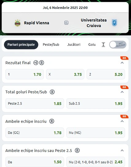 Cote pariuri SK Rapid - Universitatea Craiova la Betano